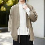 Buddha Stones Solid Color Open Front Long Sleeve Corduroy Jacket Men's Kimono Cotton Linen Shirt
