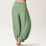 Buddha Stones Cotton Green Solid Color Women's Elastic Waist Harem Pants