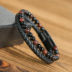 Buddha Stones Black Onyx Tiger Eye Titanium Steel Leather Protection Bracelet