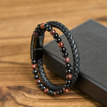 Buddha Stones Black Onyx Tiger Eye Titanium Steel Leather Protection Bracelet