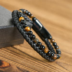 Buddha Stones Black Onyx Tiger Eye Titanium Steel Leather Protection Bracelet