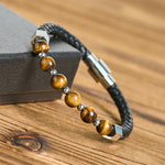 Buddha Stones Tiger Eye Titanium Steel Courage Balance Leather Bracelet