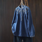 Buddha Stones Geometry Floral Embroidery Cotton Denim Half Buttons Long Sleeve Women's Shirt