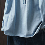 Buddha Stones Geometry Floral Embroidery Cotton Denim Half Buttons Long Sleeve Women's Shirt