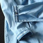 Buddha Stones Geometry Floral Embroidery Cotton Denim Half Buttons Long Sleeve Women's Shirt