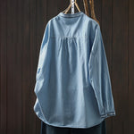 Buddha Stones Geometry Floral Embroidery Cotton Denim Half Buttons Long Sleeve Women's Shirt
