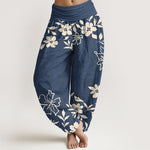 Buddha Stones Cotton Retro Simple Flowers Leaves Pattern Women's Elastic Waist Harem Pants
