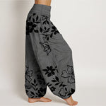 Buddha Stones Cotton Retro Simple Flowers Leaves Pattern Women's Elastic Waist Harem Pants
