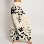 Buddha Stones Cotton Retro Simple Flowers Leaves Pattern Women's Elastic Waist Harem Pants