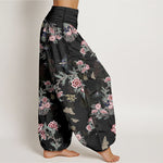 Buddha Stones Cotton Flowers Leaves Butterfly Pattern Women's Elastic Waist Harem Pants