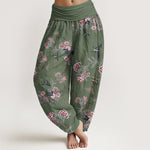 Buddha Stones Cotton Flowers Leaves Butterfly Pattern Women's Elastic Waist Harem Pants