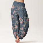 Buddha Stones Cotton Flowers Leaves Butterfly Pattern Women's Elastic Waist Harem Pants