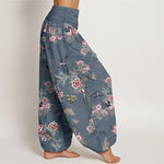 Buddha Stones Cotton Flowers Leaves Butterfly Pattern Women's Elastic Waist Harem Pants