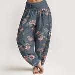 Buddha Stones Cotton Flowers Leaves Butterfly Pattern Women's Elastic Waist Harem Pants