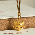 Buddha Stones 24k Gold Plated Brass Fox Charm Texture Rope Necklace Pendant