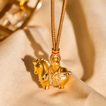 Buddha Stones Year Of The Horse 24k Gold Plated Brass Rope Cord Necklace Pendant