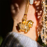 Buddha Stones Year Of The Horse 24k Gold Plated Brass Rope Cord Necklace Pendant
