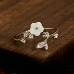 Buddha Stones White Flower Design Adjustable Healing Copper Ring