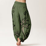Buddha Stones Cotton Casual Lotus Auspicious Clouds Design Women's Elastic Waist Harem Pants