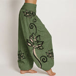Buddha Stones Cotton Casual Lotus Auspicious Clouds Design Women's Elastic Waist Harem Pants