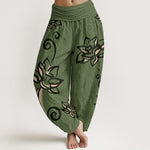 Buddha Stones Cotton Casual Lotus Auspicious Clouds Design Women's Elastic Waist Harem Pants