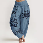 Buddha Stones Cotton Casual Lotus Auspicious Clouds Design Women's Elastic Waist Harem Pants