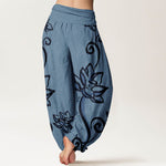 Buddha Stones Cotton Casual Lotus Auspicious Clouds Design Women's Elastic Waist Harem Pants