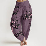 Buddha Stones Cotton Casual Lotus Auspicious Clouds Design Women's Elastic Waist Harem Pants