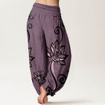 Buddha Stones Cotton Casual Lotus Auspicious Clouds Design Women's Elastic Waist Harem Pants