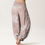 Buddha Stones Cotton Pink And White Lotus Women's Elastic Waist Harem Pants