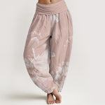 Buddha Stones Cotton Pink And White Lotus Women's Elastic Waist Harem Pants