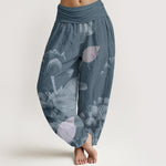 Buddha Stones Cotton Pink And White Lotus Women's Elastic Waist Harem Pants