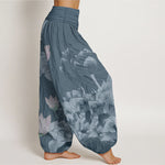 Buddha Stones Cotton Pink And White Lotus Women's Elastic Waist Harem Pants