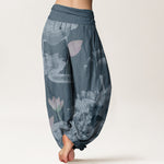 Buddha Stones Cotton Pink And White Lotus Women's Elastic Waist Harem Pants