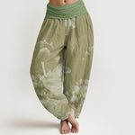 Buddha Stones Cotton Pink And White Lotus Women's Elastic Waist Harem Pants