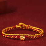 Buddha Stones 999 Gold Beads Copper Coin Double Wrap Golden Red String Connection Braided Bracelet