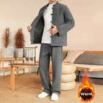 Buddha Stones 2Pcs Winter Solid Men's Tang Suit Frog-Button Cotton Long Sleeve Jacket Pants Set With Pockets