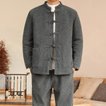 Buddha Stones 2Pcs Winter Solid Men's Tang Suit Frog-Button Cotton Long Sleeve Jacket Pants Set With Pockets