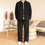 Buddha Stones 2Pcs Winter Solid Men's Tang Suit Frog-Button Cotton Long Sleeve Jacket Pants Set With Pockets