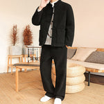 Buddha Stones 2Pcs Winter Solid Men's Tang Suit Frog-Button Cotton Long Sleeve Jacket Pants Set With Pockets