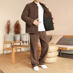 Buddha Stones 2Pcs Winter Solid Men's Tang Suit Frog-Button Cotton Long Sleeve Jacket Pants Set With Pockets