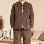 Buddha Stones 2Pcs Winter Solid Men's Tang Suit Frog-Button Cotton Long Sleeve Jacket Pants Set With Pockets