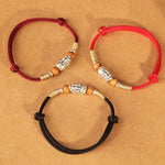 Buddha Stones 999 Sterling Silver Pixiu Charm Peach Wood Bead Handmade String Braided Luck Bracelet Anklet