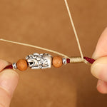 Buddha Stones 999 Sterling Silver Pixiu Charm Peach Wood Bead Handmade String Braided Luck Bracelet Anklet