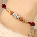 Buddha Stones 999 Sterling Silver Pixiu Charm Peach Wood Bead Handmade String Braided Luck Bracelet Anklet