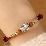 Buddha Stones 999 Sterling Silver Pixiu Charm Peach Wood Bead Handmade String Braided Luck Bracelet Anklet