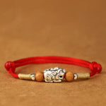 Buddha Stones 999 Sterling Silver Pixiu Charm Peach Wood Bead Handmade String Braided Luck Bracelet Anklet