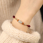 Buddha Stones 999 Sterling Silver Pixiu Charm Peach Wood Bead Handmade String Braided Luck Bracelet Anklet