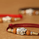 Buddha Stones 999 Sterling Silver Pixiu Charm Peach Wood Bead Handmade String Braided Luck Bracelet Anklet