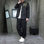 Buddha Stones 2Pcs Spring Dragon Bamboo Clouds Men's Tang Suit Frog-Button Cotton Long Sleeve Jacket Pants Set With Pockets